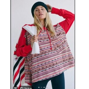 Free People FP Movement Hot Shot Printed Hooded Layer Red Geometric Aztec- XS